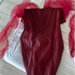 red leather mini dress with transparent arms